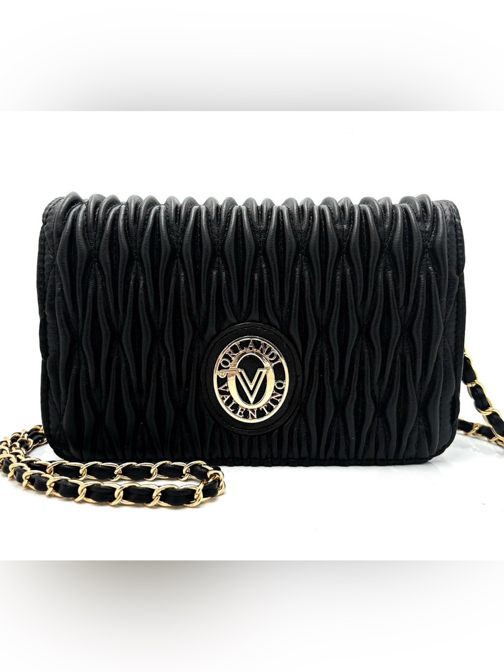 Valentino Black wavy Quilted Crossbody with Gold Chain
